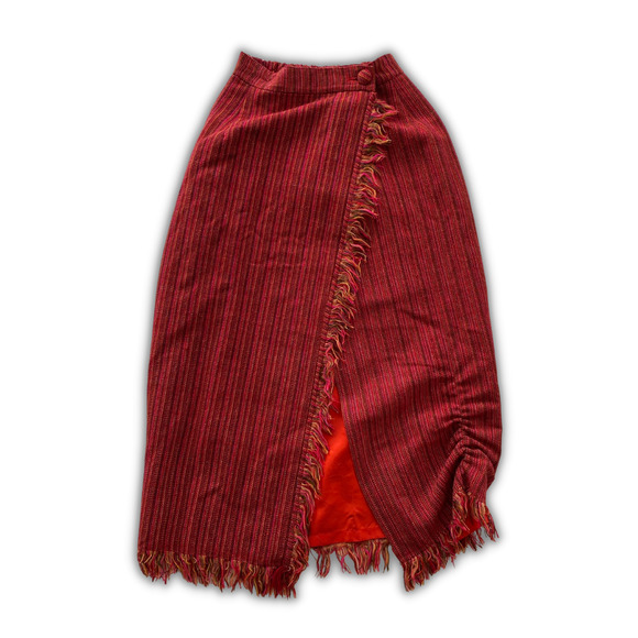 Vintage Crystal Handwoven Women's 2pc Skirt Blazer Set Red Multi Yarn Fringe - Picture 4 of 9